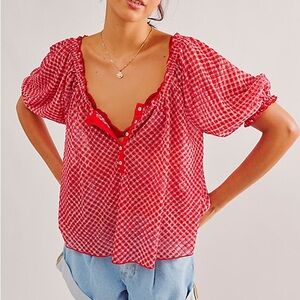 Free People Astra Red/White Peasant Short Sleeve Button Front Delicate Top - L